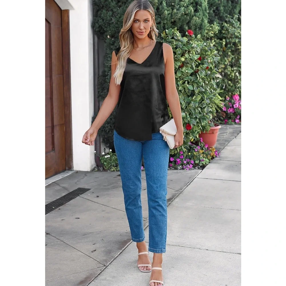 Black Tank Top V Neck Silk Summer Satin Sleeveless Blouses Basic Camisole Shirt